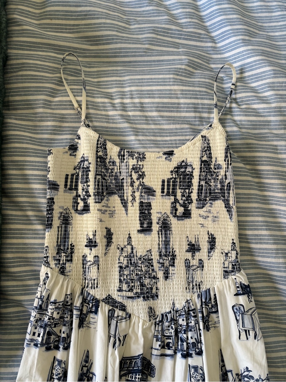 Abercrombie & Fitch Blue and White Toile Smocked Basque Waist Midi Dress - Picture 4 of 4